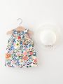 Newborn Baby Girls' Sweet Flower Printed Sleeveless Dress For Summer