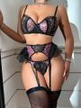 Ladies' Patchwork Lace Leopard Print Mesh Sexy Lingerie Set For Music Festival