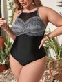 SHEIN Swim Classy Plus Size Women's Hollow Out Mesh Spliced Halterneck One Piece Swimsuit