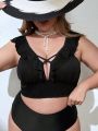 SHEIN Swim Chicsea Women's Plus Size Ruffled Trim And Hollow Out Design Bikini Top With V-Neckline