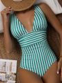 SHEIN Swim Vcay Striped Plunging Neck One Piece Swimsuit