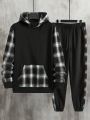 Manfinity Homme Men's Black Plaid Hooded Sweatshirt And Sweatpants Set