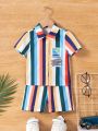 SHEIN 2pcs Baby Boys' Casual Striped & Printed Set, Suitable For Spring And Summer Outing