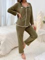 Ladies' Simple Style Heart Shaped Pattern Green Pajama Set With White Trim Shirt And Long Pants