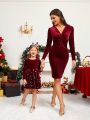 SHEIN Young Girl 1pc Star Pattern Velvet Dress