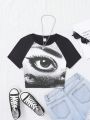 Teenage Girls' Knit Patchwork Big Eye Pattern Casual Long Sleeve T-shirt