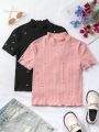 SHEIN Kids FANZEY Tween Girls' Pearl Decoration Knit Short Sleeve T-Shirt With Stand Collar And Ruffle Hem, 2pcs/Set