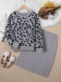 SHEIN Kids SUNSHNE Girls' Leopard Print Sweater And Knitted Skirt Set For Big Kids