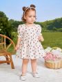 SHEIN Baby Girls' Summer Holiday Bubble Sleeve Dress With Floral Pattern