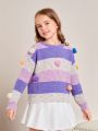 SHEIN Kids CHARMNG Tween Girls' Romantic Loose Fit Color Block Sweater With Pom-pom Embellishments And Round Neckline