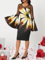 SHEIN Lady Women's Floral Print Bell Sleeve Dress