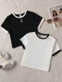 SHEIN Kids EVRYDAY 2pcs/Set Tween Girls' Slim Fit Short Knit T-Shirt With Color Block