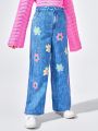 JNSQ Tween Girl Denim-Effect and Floral Print Wide Leg Pants