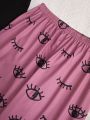 2pcs/set Women's Pajama Sets With Letter & Eye Print And Ruffle Details