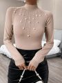 SHEIN Privé Pearls Beaded Mock Neck Raglan Sleeve Sweater