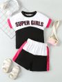 SHEIN Kids EVRYDAY Young Girls' Summer Fashionable 2pcs/Set Letter Printed Color Block T-Shirt And Shorts Outfit