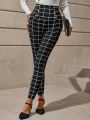 EMERY ROSE Women's Slim Fit Grid Pattern Printed Long Pants