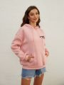 Women's Simple Pink Front Pocket 100% Polyester Hooded Sweatshirt