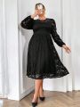 SHEIN Privé Women's Plus Size Lace Puff Sleeve Dress