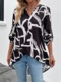 Women's Notched V-neckline Roll-tab Sleeve Printed High Low Hem Casual Shirt