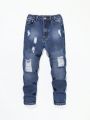 Boys' Distressed Sandblasted All-over Printed Ripped Jeans With Horse Patch