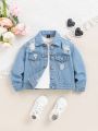 SHEIN Young Girl Cartoon Figure & Slogan Print Ripped Denim Jacket