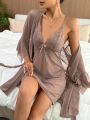 Contrast Lace Flounce Sleeve Bow Front Mesh Robe & Cami Dress PJ Set