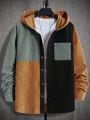 Manfinity Men's Fashionable Hooded Corduroy Shirt With Color Block Design