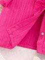 Teen Girls' Solid Color Ruffle Trim Decor Button-Down Shirt