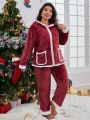 Plus Christmas Contrast Trim Hooded Flannel PJ Set