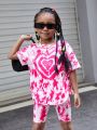 SHEIN Kids EVRYDAY Young Girl 2pcs/Set Casual Tie-Dye Heart Pattern T-Shirt And Shorts