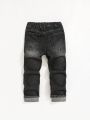 SHEIN Boys' Elastic-free Imitation Zipper Irregular Ripped Folded Cuff Casual Skinny Jeans