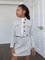 SHEIN Kids Cooltwn Tween Girl Plaid Tweed Jacket & Skirt