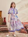 SHEIN Tween Girl's Floral Print Mid-Length Short Sleeve Dress For Gorgeous Vacation Look