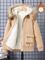 SHEIN Kids SPRTY Boys' (big) Teddy Fleece Lining Fur Collar Patchwork Hooded Jacket