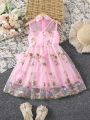 SHEIN Kids Nujoom Young Girl'S Fairy Style Summer Floral Embroidery Mesh Princess Dress