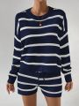 SHEIN Essnce Striped Pattern Drop Shoulder Sweater & Drawstring Waist Knit Shorts