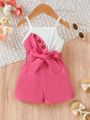 Baby Girl Color Block Button Decor Strap Romper With Shorts