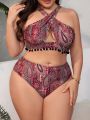 SHEIN Swim BohoFeel Plus Size Paisley Print Pompom Decor Cross Halter Bikini Set