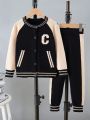 Young Boy Letter Pattern Striped Trim Raglan Sleeve Cardigan & Knit Pants