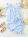 2pcs/Set Toddler Girls' Casual Gingham Flare Sleeve Square Collar Loose Top And Ruffle Hem Shorts, Suitable For Outings, Summer