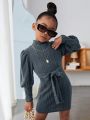 SHEIN Kids Cooltwn Little Girls' Cool Street Style Half High Collar Solid Color Ribbed Knit Dress