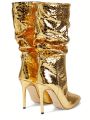 YIYA Women's Metallic Patent Leather Stiletto Heel Boots Shiny Sequins High Heeled Booties Mid Calf Dress Shoes