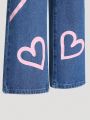 Tween Girls' Heart Pattern Printed Straight Leg Jeans