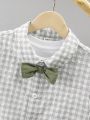 SHEIN Kids FANZEY 2pcs/Set Tween Boys' Grid Pattern Short Sleeve Dress Shirt With Bow Tie, And Shorts Gentleman Outfits