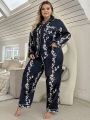 Plus Size Women's Floral Printed Long Sleeve Long Pants Homewear Set