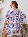 SHEIN Swim BohoFeel Plus Size Floral Printed Kimono With Tassel Hem