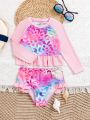 SHEIN Young Girl Leopard Print Splice Insert Shoulder Swimsuit With Triangular Shorts Set