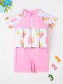 Little Girls' Cartoon Printed Patchwork One-Piece Swimsuit