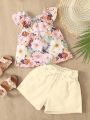 SHEIN Baby Girl Printed Floral Sleeveless Top + Shorts Set